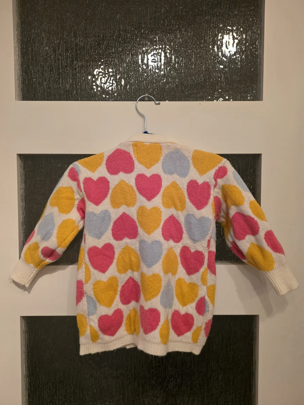 Old Navy White Cardigan with Pink, Yellow & Light Blue Hearts